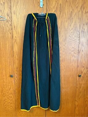 Vintage 70s Hooded Cape Cloak Maxi Black Red Yellow Ric Rac Folk Pixie Hood Tass